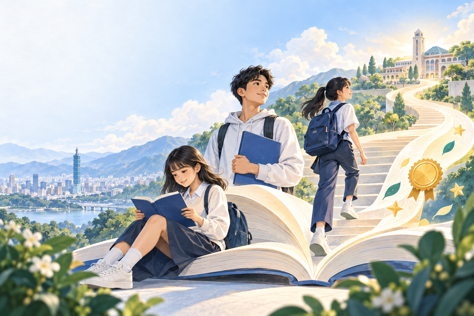 臺灣學生在書本與通往校園的道路上學習，象徵獎助支持與升學希望